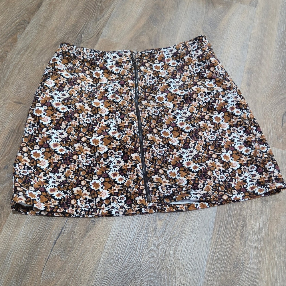 Arizona Jean Co Floral Corduroy Mini Skirt Front Zip Brown Tan Size 11